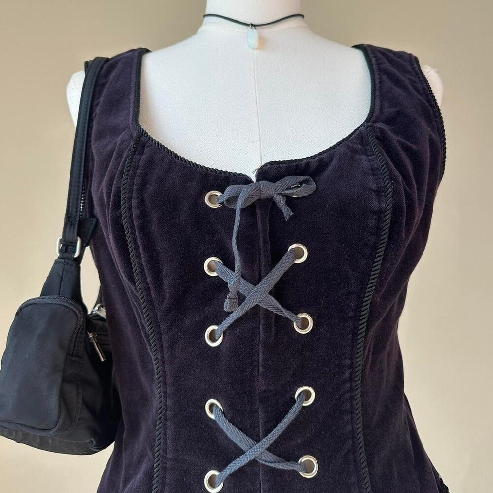 Vintage Shrine of Hollywood Goth Deep Purple Velour Lace Up Corset Top - Size XL - Picture 2 of 8